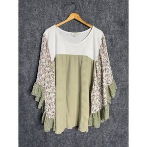 Umgee Shirt Women 2XL Waffle Knit Floral Ruffle Sleeve Peasant Boho Cottage
